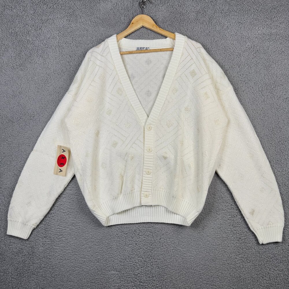 Vintage Cardigan Sweater Mens Size XL AREA‎ by TAG Argyle Cable Knit Soft White